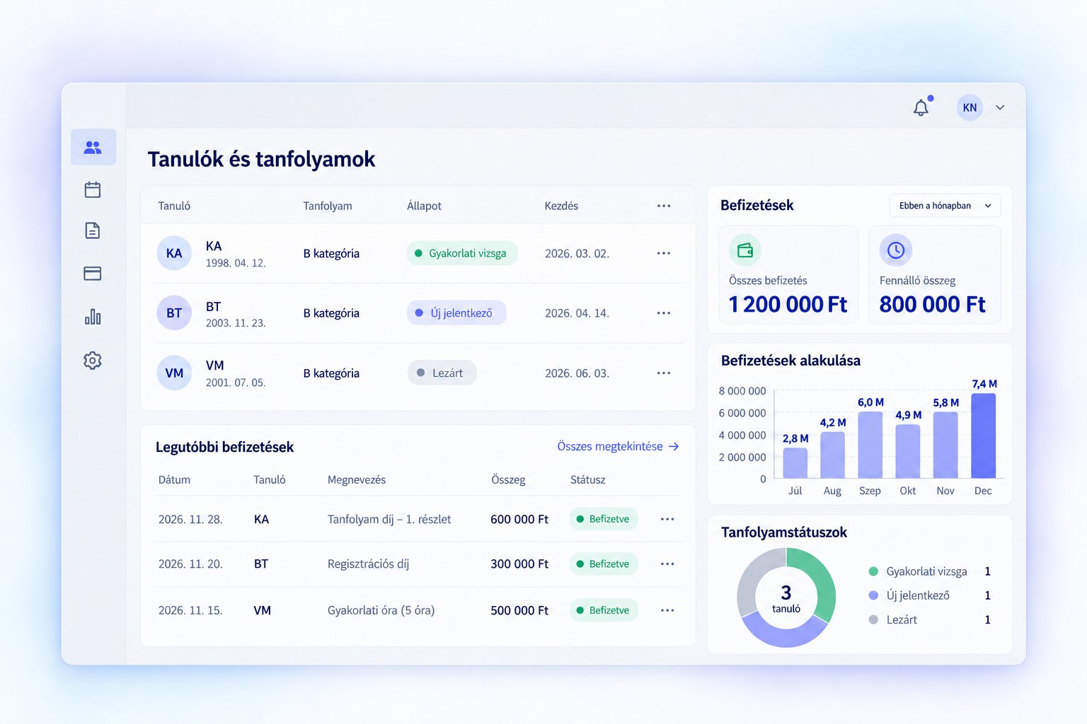 Autósiskolai mintafelület: desktopon tanulói nyilvántartás, mobilon tanfolyami kimutatás.